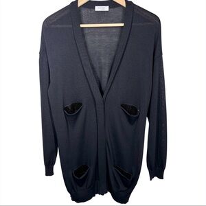 Lanvin en Blue Womens Black Cardigan Size Medium Sequin Detail Longline Button